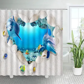 Плажни завеси за душ с делфина, Мультяшное морското животно, черупки тропически риби, Коралов подводен пейзаж, Определени за декор на детска баня