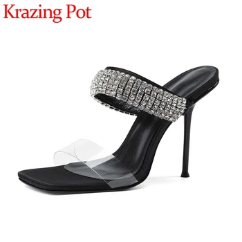 Krazing Pot, френска романтична елегантна лятна обувки от PVC в тънките високи токчета, украсени с кристали, дамски сандали за партита Beauty Lady, L81